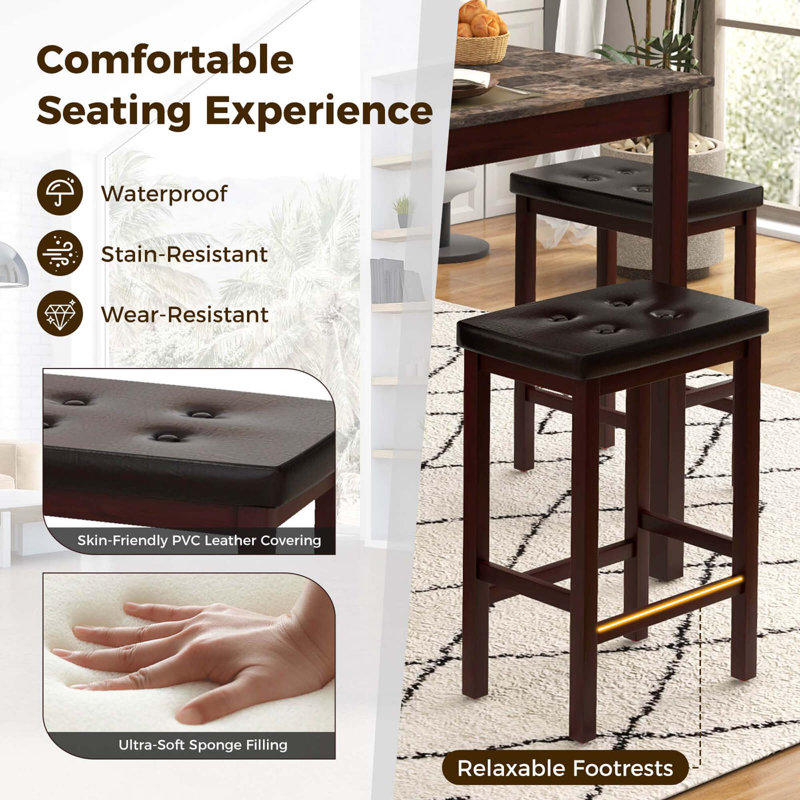 Ebern Designs 5 Pcs Bar Table Set Square Dining Table 4 Pvc Leather Upholstered Bar Stools Brown Black